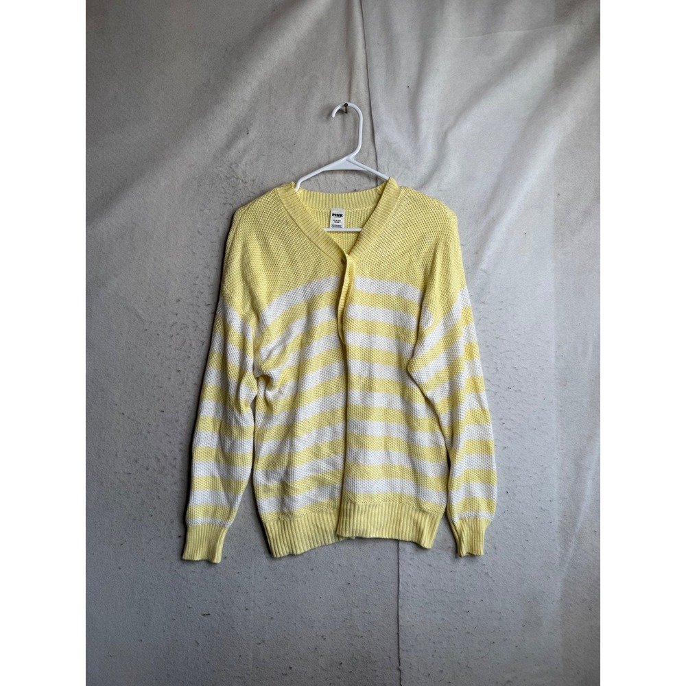 PINK Victoria's Secret Yellow White Striped V-Neck Cardigan Sweater Mens XS
